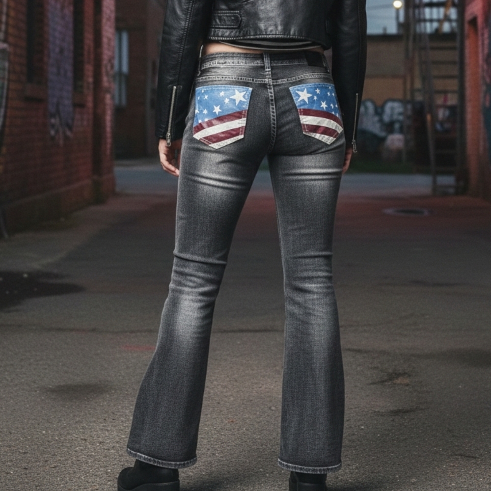 Stylish Gray Boot Cut Jeans with American Flag Pockets